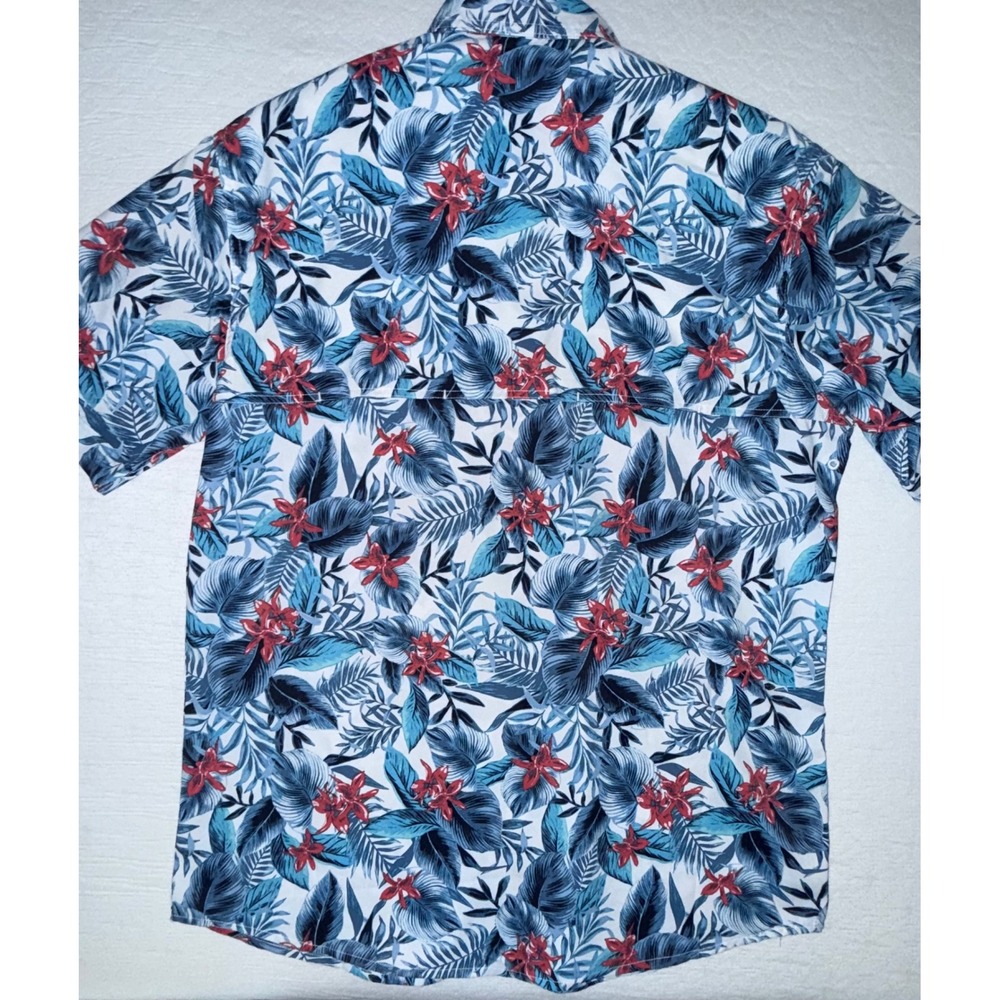 IZOD Button Down Mens Medium Blue Saltwater Tropical Floral UPF-45‎ Shirt - Picture 4 of 12